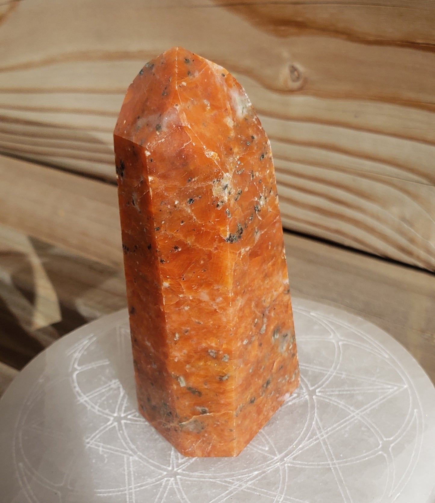 Orange Calcite w/Blue Apatite Tower