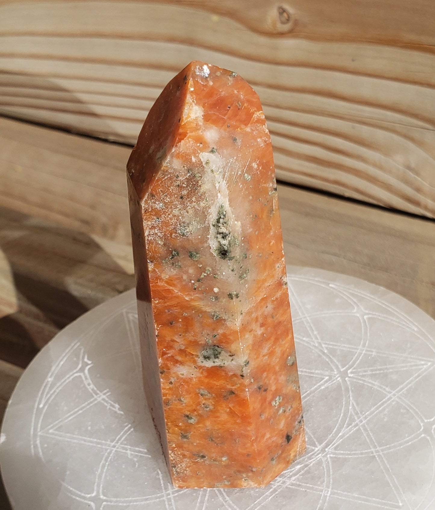 Orange Calcite w/Blue Apatite Tower